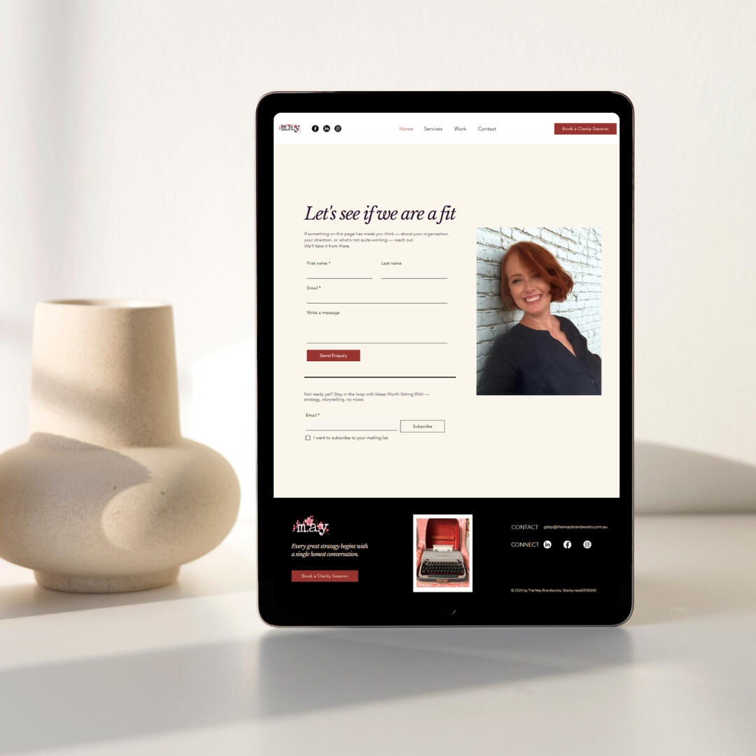 The May Brandworks landing page - tablet mockup